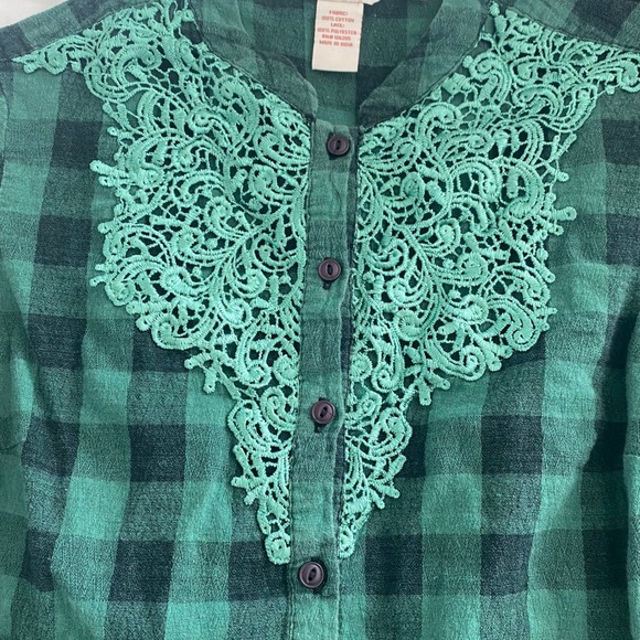 Sundance Green Plaid Flannel Shirt Lace Inset Button Down Womens Small Christmas - Picture 4 of 5